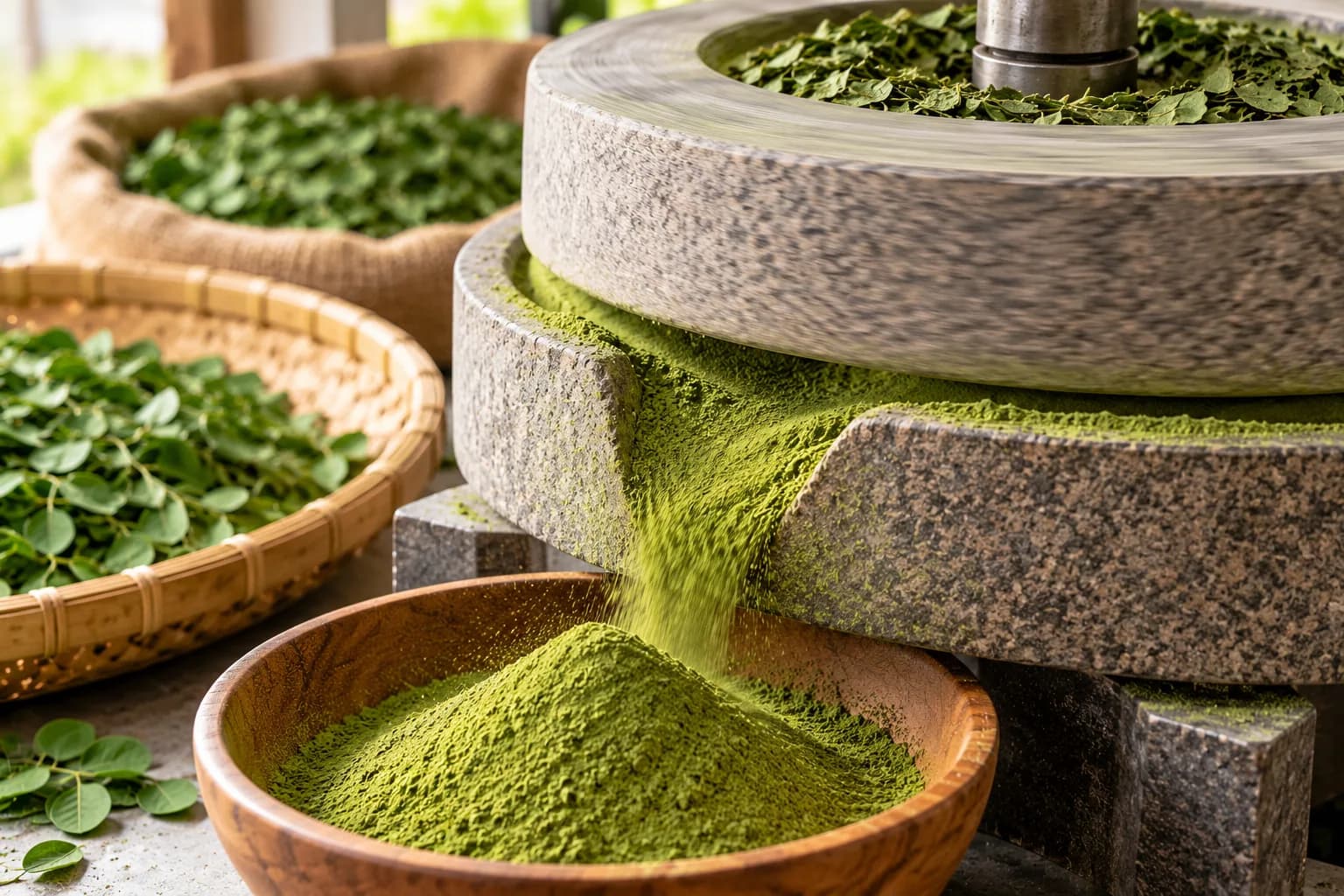 Moringa leaves being milled into powder