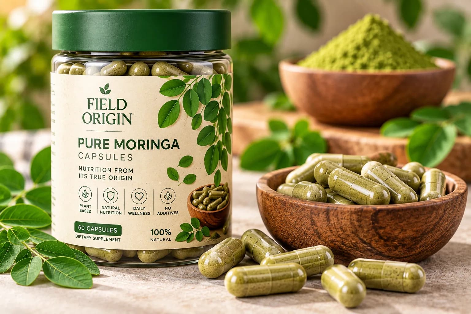 Moringa capsules beside the jar