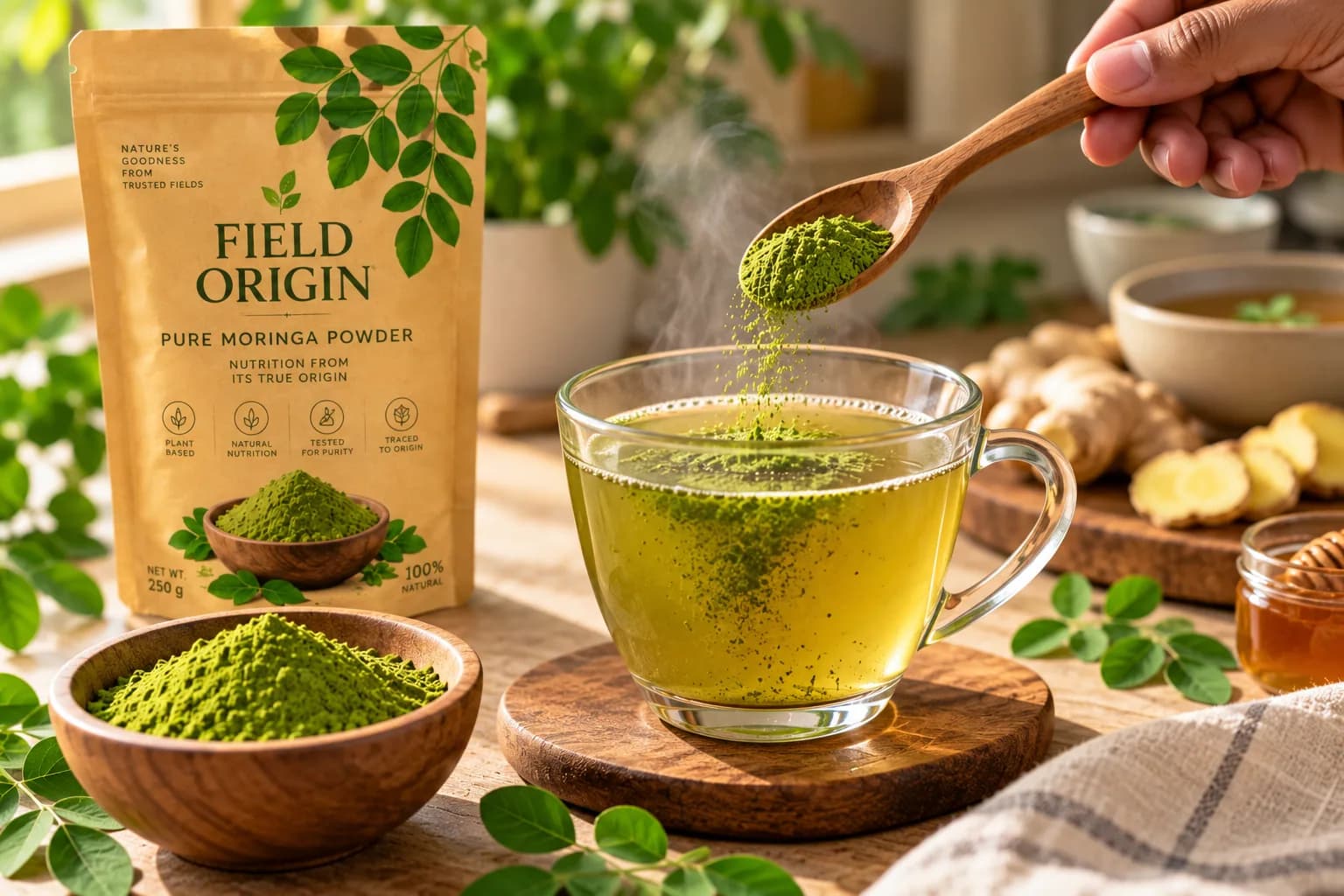 A cup of broth with moringa stirred in
