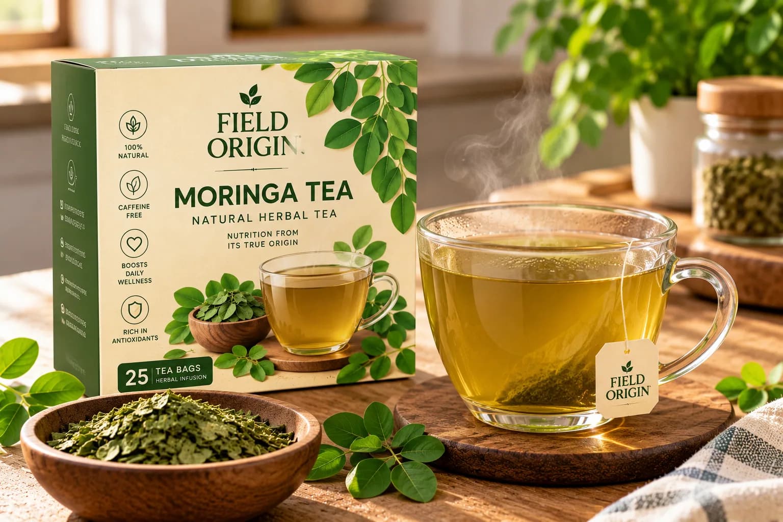 A cup of moringa tea with a tea bag