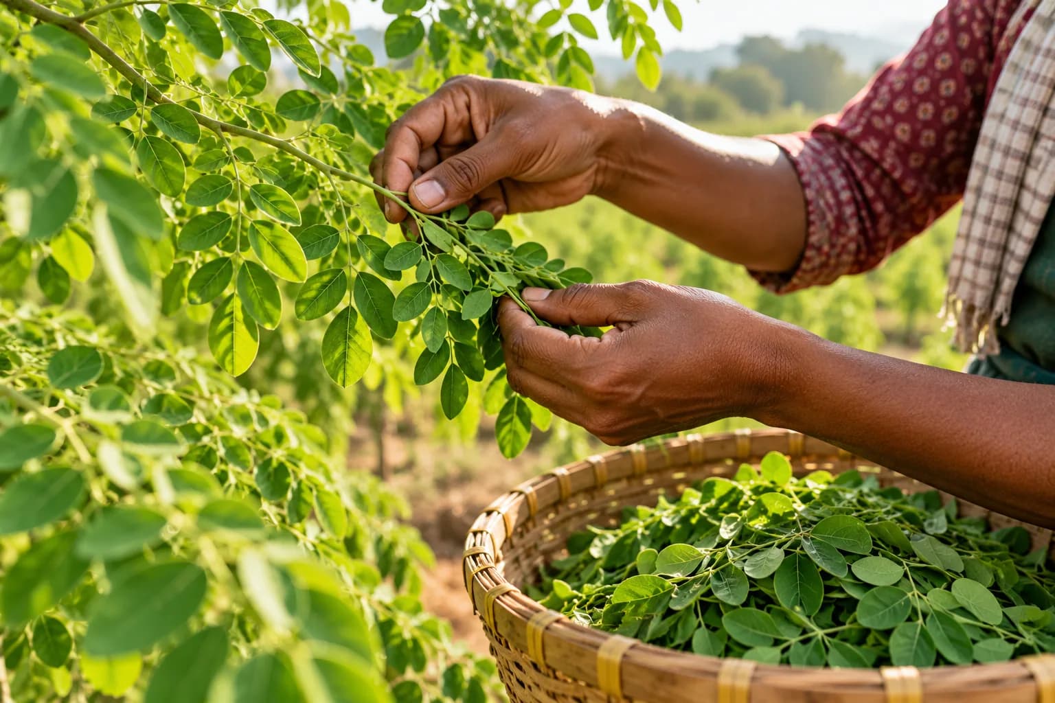 A grower picking moringa leaves