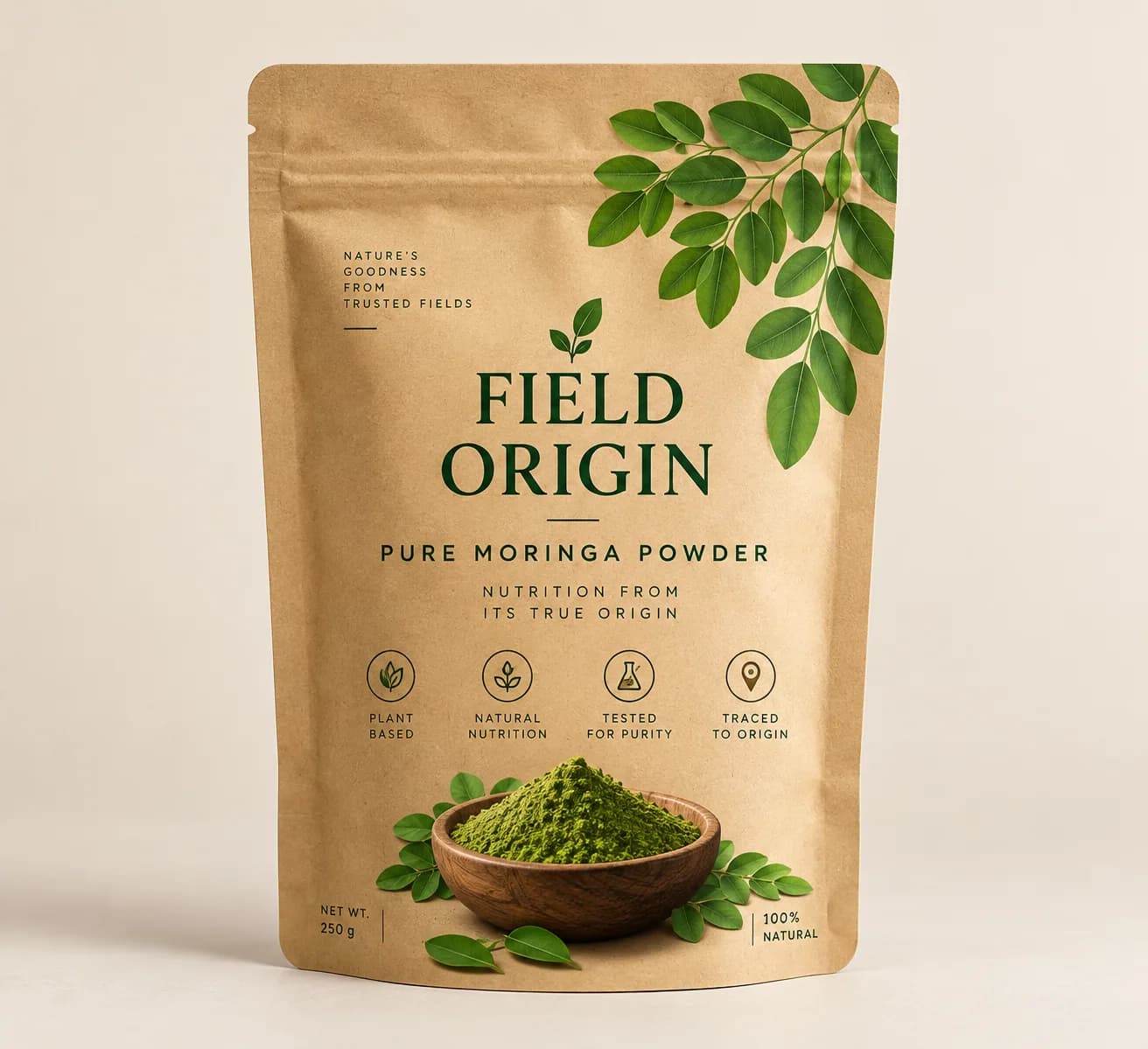 Moringa leaf powder pouch, front
