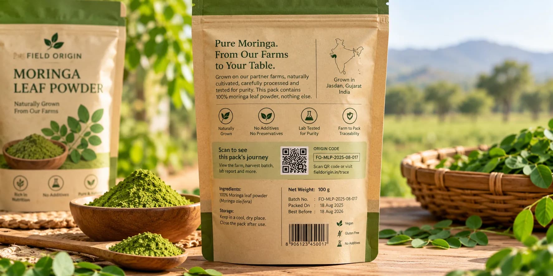 The back of a pouch showing an origin code